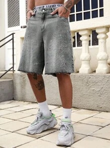 ROMWE MEN Street Life Men's Fashionable Rhinestone Button Pocket Denim Shorts For Summer - Grey - View 1