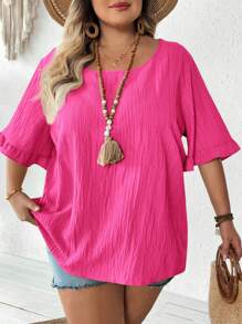 SHEIN CURVE+ 大码女式夏季衬衫，荷叶边短袖宽松下摆休闲上衣，适合日常/度假海滩毕业茶会 - 玫紅色 - 查看 7