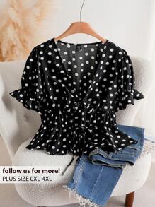 CosyJoli Plus Size Polka Dot Top Print Tie-Front V-Neck Short Sleeve Shirt,Slightly Sheer, Summer Spring - Black - View 1