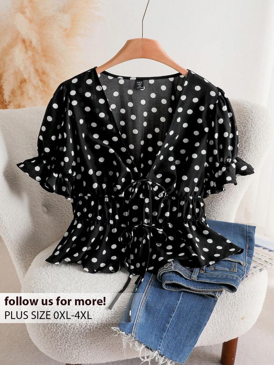 CosyJoli Plus Size Polka Dot Top Print Tie-Front V-Neck Short Sleeve Shirt,Slightly Sheer, Summer Spring - Black - View 1