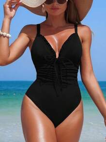 Swim Lushoire 1 件女式纯色前系带荷叶边连体泳衣