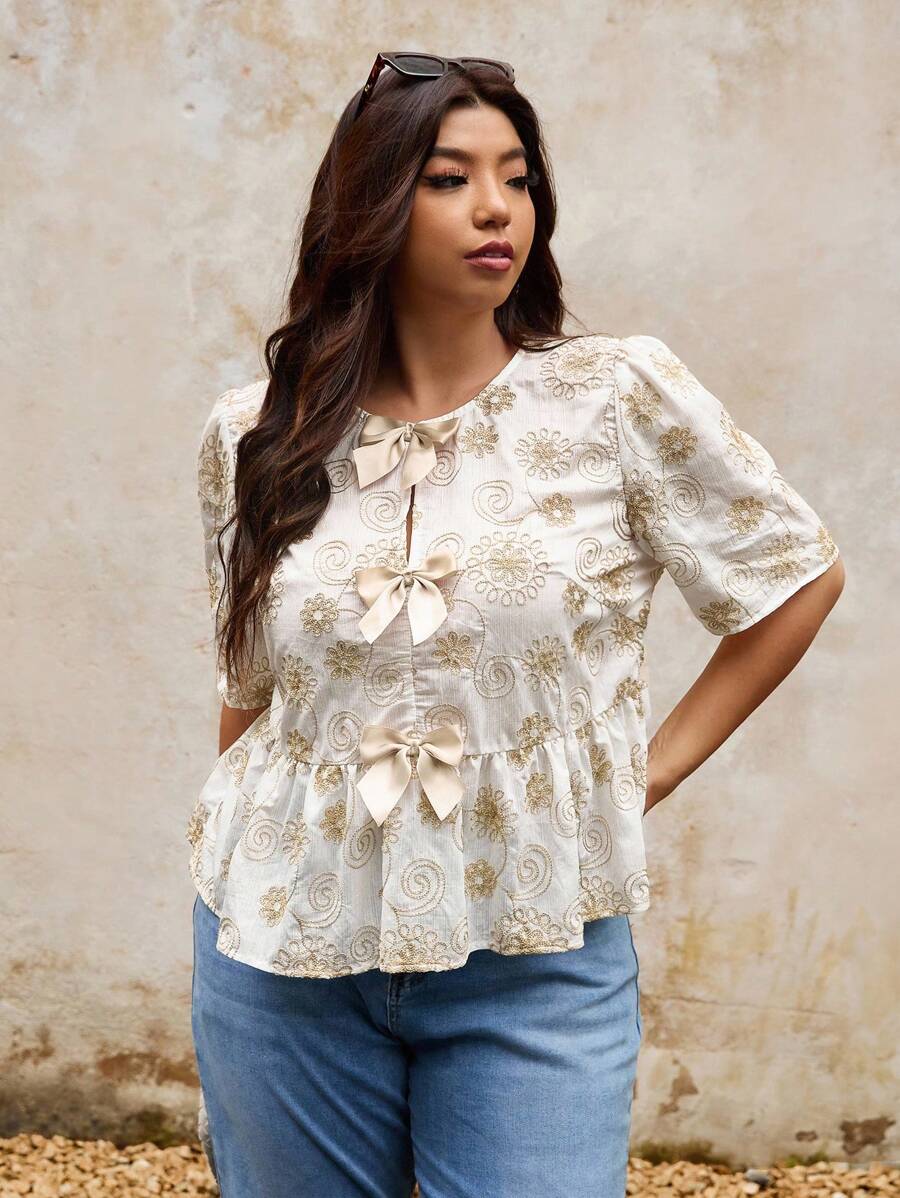 Elaquor Plus Size Embroidery Fabric Blouse, Women's Casual Crew Neck Short Sleeve Button Design Short Sleeve Shirt, Versatile For Commuting, Outing, Dating, New Style 2025
