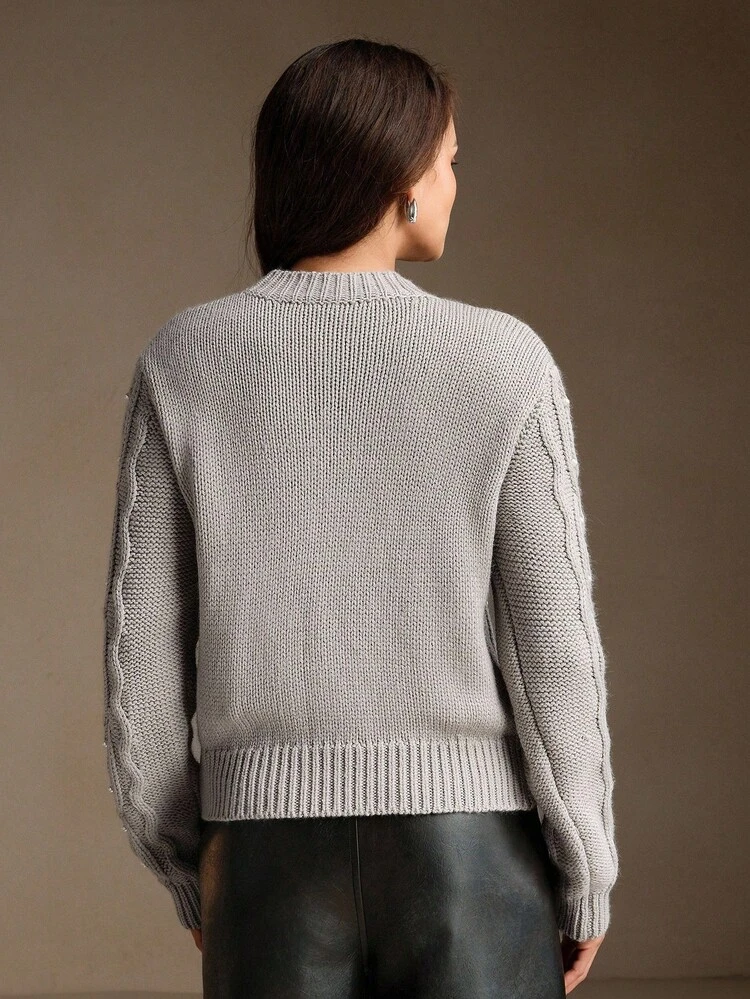 Maillard Color T-Shirt Knit Sweater, Autumn/Winter New Arrival, 3D Beaded, Fashion Versatile Slim Fit Short Long Sleeve Pullover
