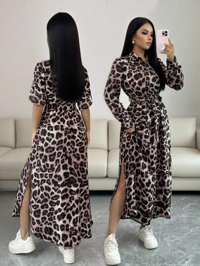 Rafferiza Women's Leopard Floral Print Tie-Up Front Slit Long Sleeve Convertible Shirt Dress Fall Cloth For Women