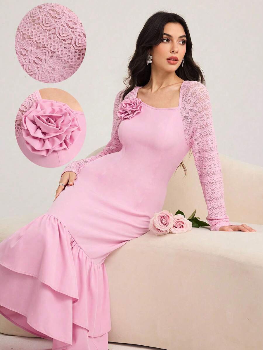 Modelyn Thời trang nữ Váy dài đến bắp chân họa tiết hoa 3D, Váy ghép vải bất đối xứng, Trang phục thường ngày mùa hè cho nữ, Váy dạ hội sang trọng cho nữ dự tiệc sinh nhật cho nữ vào mùa thu - Hồng - Xem 1