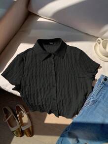 Comfortcana Plus Size Women's Black Textured Casual Fashionable Versatile Short Sleeve Shirt,Back To School - Black - View 1