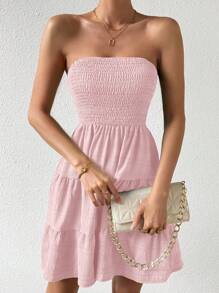 Chiquease Women's Summer Beach Vacation Minimalist Solid Color Textured Fabric Tiered Hem Strapless Short Dress