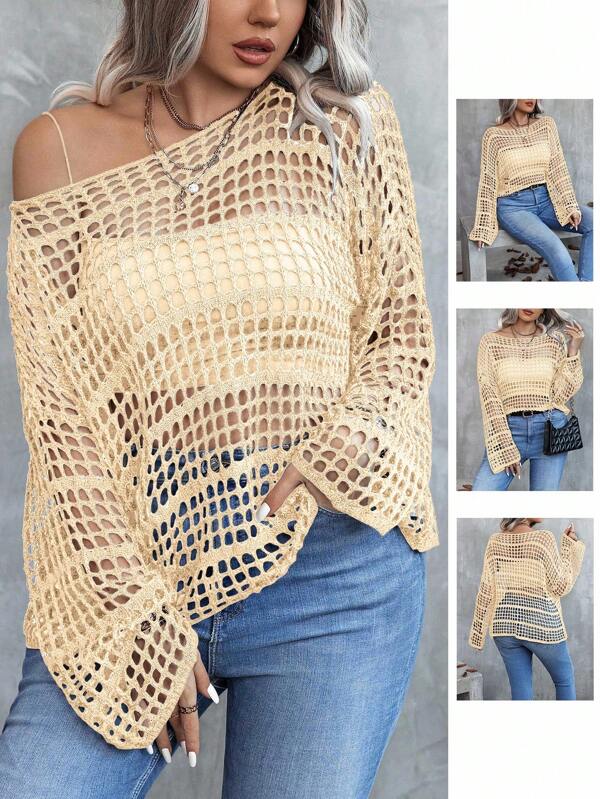 Elenzga Suéter de punto holgado de manga acampanada con hombros descubiertos, de estilo casual primavera/otoño para mujer talla grande, suéter negro transparente y sexy calado