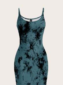 SHEIN EZwear 休闲简约橄榄绿色全印花紧身长裙，适合夏季 - 彩色 - 查看 5