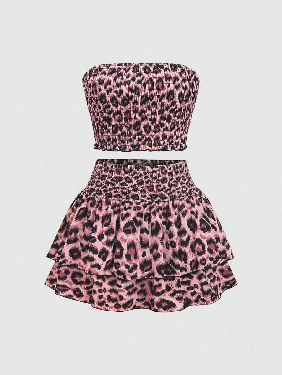 SHEIN PETITE Bộ 2 chân váy xếp nếp nhiều lớp không dây họa tiết da báo mùa xuân/hè cho nữ nhỏ nhắn - Hồng - Xem 1