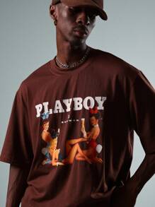 PLAYBOY X SUMWON Retro Graphic Print Oversized T-Shirt Cotton Jersey Long Length Streetwear Aesthetic Fall Winter Classic - Brown - View 4