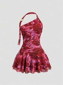 Sweetra 最新设计印花露背、腰部金属装饰、喇叭迷你连衣裙 - 紅色 - 查看 1