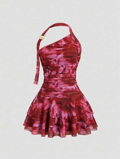 Sweetra 最新设计印花露背、腰部金属装饰、喇叭迷你连衣裙