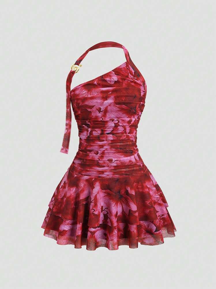 Sweetra Vestido mini con diseño impreso de espalda abierta, decoración metálica en la cintura y vuelo - Rojo - Añade 1