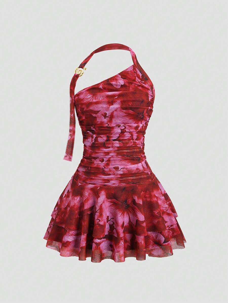Sweetra 最新设计印花露背、腰部金属装饰、喇叭迷你连衣裙 - 紅色 - 查看 1