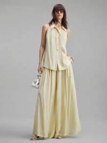 Ontre Conjunto de 2 piezas de ropa de estilo vacacional para mujer con tela de lana y lyocell, color mostaza, blusa sin mangas y pantalón de pierna ancha, nuevo conjunto de ropa de trabajo casual diaria para primavera/verano 2025