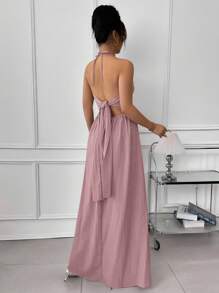 Rafferiza Solid Color Halter Backless A-Line Dress - Pink - View 2