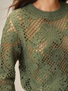 Anewsta Hollow Crochet Green Asymmetrical Floral Pattern Cropped Round Neck Sweater - Green - View 1