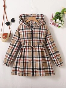 Sparklyn 青少年女孩休闲百搭百搭校园格子束腰连帽长款风衣夹克，秋冬秋季 - 彩色 - 查看 4