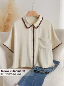 CosyJoli 大码撞色边饰衬衫，日常时尚杏色衬衫，新款春夏百搭衬衫 - 杏色 - 查看 1