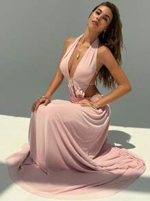 Aloruh Váy hở lưng khoét sâu ren màu trơn cho nữ - Hồng - Xem 3