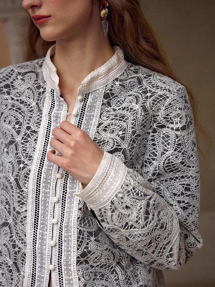 GUIPURE LACE BUTTON UP BLOUSE