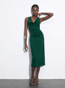 Maija 女士纯色垂坠领修身连衣裙，都市时尚简约商务休闲连衣裙，派对鸡尾酒生日礼服，优雅婚礼宾客装