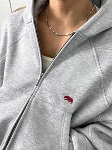 ESTAVOR 男士街头风格刺绣连帽针织长袖运动衫，秋冬 - 灰色 - 查看 3