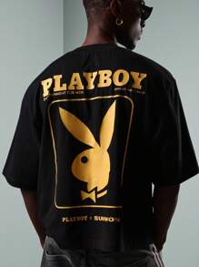 PLAYBOY X SUMWON Áo thun cotton tay ngắn thời trang đường phố cỡ lớn in họa tiết cơ bản tạp chí giải trí biểu tượng logo phong cách retro thiết kế tuyên bố - màu đen - Xem 4