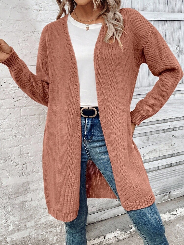 EMERY ROSE Cárdigan suelto de hombros caídos de unicolor casual - Naranja Coral - Añade 6