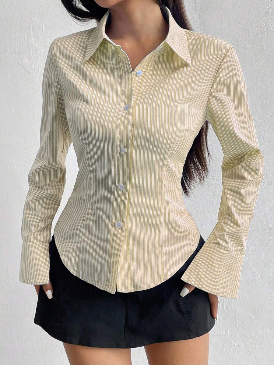 Flirla Áo sơ mi sọc dài tay ôm vừa vặn đơn giản cho nữ - Màu be - Xem 1