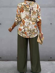 EMERY ROSE Conjunto informal de 2 piezas de camisa con manga de volantes y estampado de plantas + pantalones para mujeres de talla grande - Multicolor - Ver 2