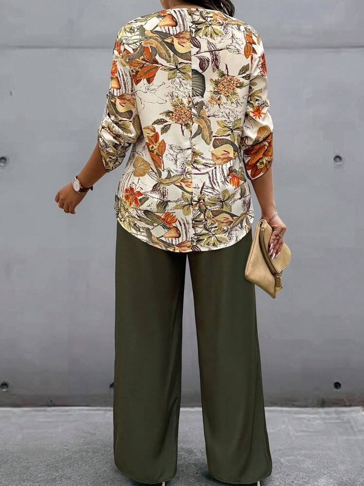 EMERY ROSE Plus Size Women Plant Print Ruffle Sleeve Shirt And Pants Casual 2 Pieces Set - Multicolor - View 2