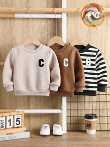 SHEIN 3件套男女款婴儿休闲条纹字母刺绣圆领卫衣，适合秋冬季婴儿服装，幼儿园