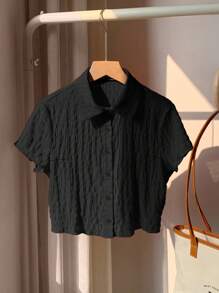 Comfortcana Plus Size Women's Black Textured Casual Fashionable Versatile Short Sleeve Shirt,Back To School - Black - View 3