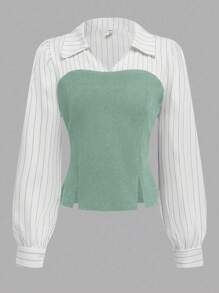 2pcs/Set Elegant Casual Striped Woven Patchwork Blouse Top And Black Slim Flare Pants Outfit, Suitable For Spring/Autumn, Teenage Girls - Mint Green - View 5