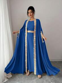 Chiquease 2pcs/Set Women Elegant Ribbon Decor Long Robe & Dress Clothes For University - Navy Blue - View 4