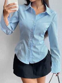Flirla 休闲条纹长袖修身衬衫 - 淺藍色 - 查看 6