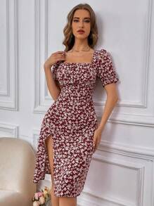Breezaya Đầm cổ vuông tay ngắn in họa tiết ngẫu nhiên đơn giản hàng ngày cho nữ đi nghỉ ở bãi biển - Đỏ - Xem 4