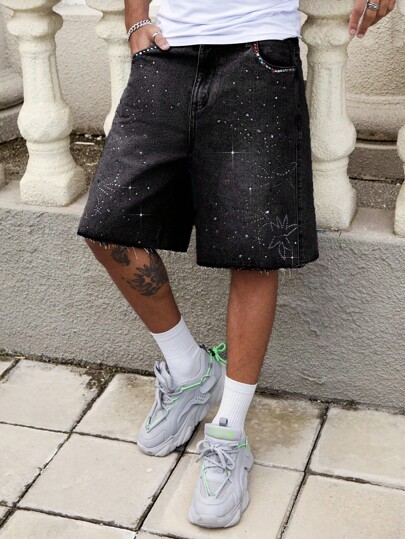 Street Life Shorts vaqueros sueltos de pierna ancha para hombre con parche de diamantes de colores y dobladillo deshilachado