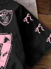 青少年女孩休闲简约时尚运动街头服饰，朋克风格，07号针织休闲系带数字字母印花黑色宽松T恤，适合夏季、返校季，上衣、衬衫、T恤、图案T恤，都市女孩美学青少年女孩芭蕾足球衫07号粉色和黑色T恤 - 彩色 - 查看 4