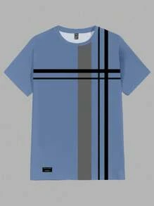 Manfinity Homme Áo thun nam tay ngắn đơn giản họa tiết sọc tương phản xanh lam & xanh lam đơn giản vừa vặn - Màu xanh bụi bặm - Xem 2