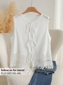 CosyJoli Plus Size Summer Casual Solid Color Lace Patchwork Tie-Up Tank Top - White - View 1