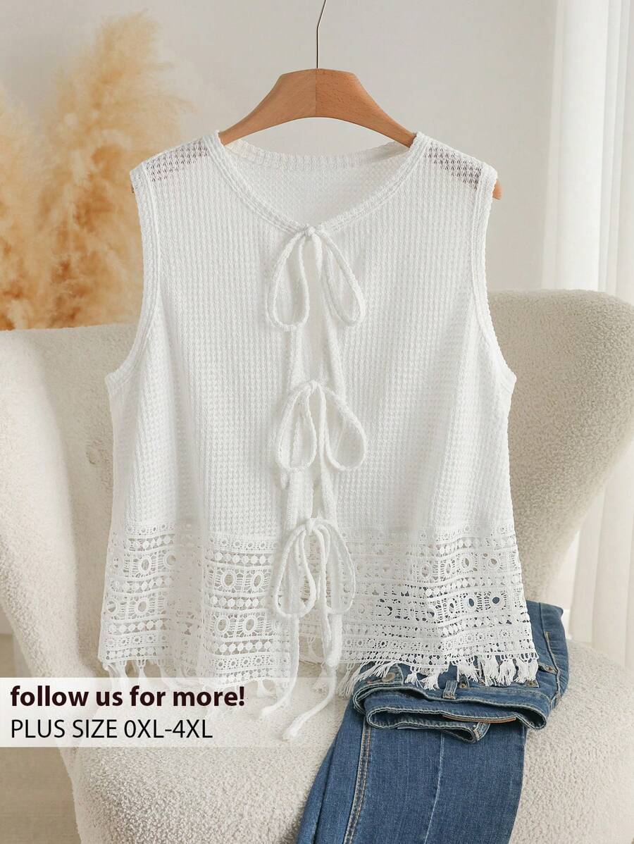 CosyJoli Plus Size Summer Casual Solid Color Lace Patchwork Tie-Up Tank Top - White - View 1
