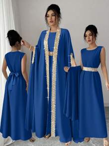 Chiquease 2pcs/Set Women Elegant Ribbon Decor Long Robe & Dress Clothes For University - Navy Blue - View 8