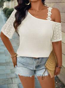 SHEIN LUNE Plus Size Women Lace Patchwork Hollow Sleeve T-Shirt