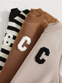 SHEIN 3件套男女款婴儿休闲条纹字母刺绣圆领卫衣，适合秋冬季婴儿服装，幼儿园