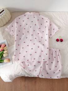 Conjunto de 2 piezas de top de manga corta con estampado de cereza y rayas, y shorts para niña preadolescente, moda de regreso a la escuela - Rosa - Ver 2