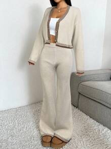 CovetEZ 2pcs/Set Women Striped Long Sleeve Cardigan And Long Pants Knitwear Suit In Fall/Winter - Light Grey - View 5