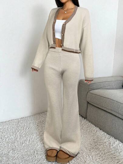 CovetEZ 2pcs/Set Women Striped Long Sleeve Cardigan And Long Pants Knitwear Suit In Fall/Winter